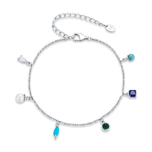 925 Sterling Silver White Gold Plated Synthetic Opal Pearl Turquoise 16+5cm Bracelet for Women