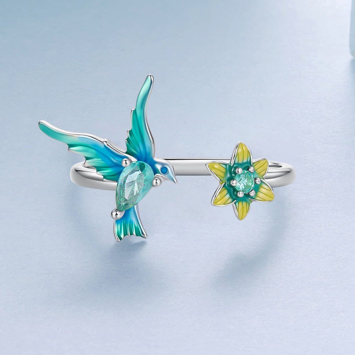 925 Sterling Silver White Gold Plated Enamel Transparent Glass Bird Ring for Women