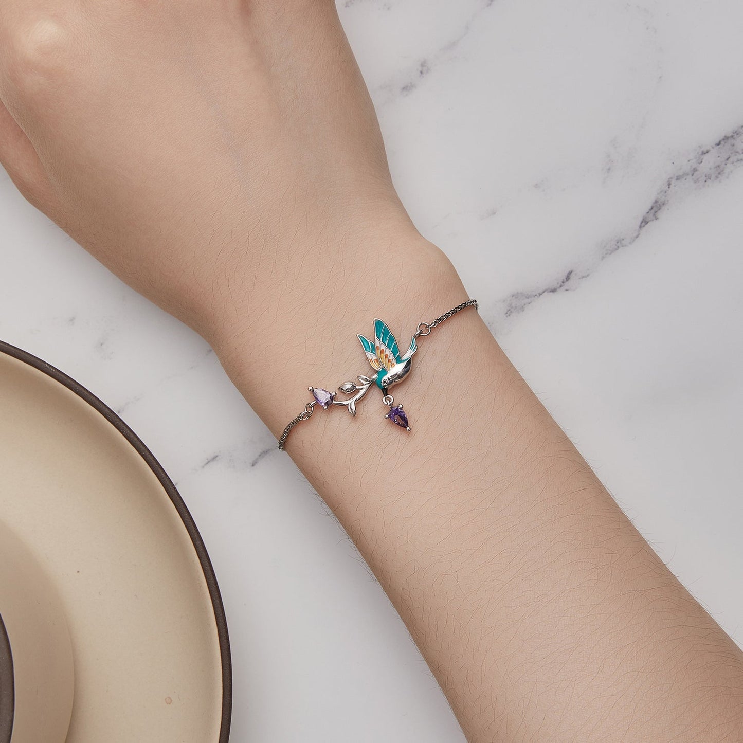 925 Sterling Silver Enamel Plated Platinum Bracelet with CZ, Adjustable Length for Women