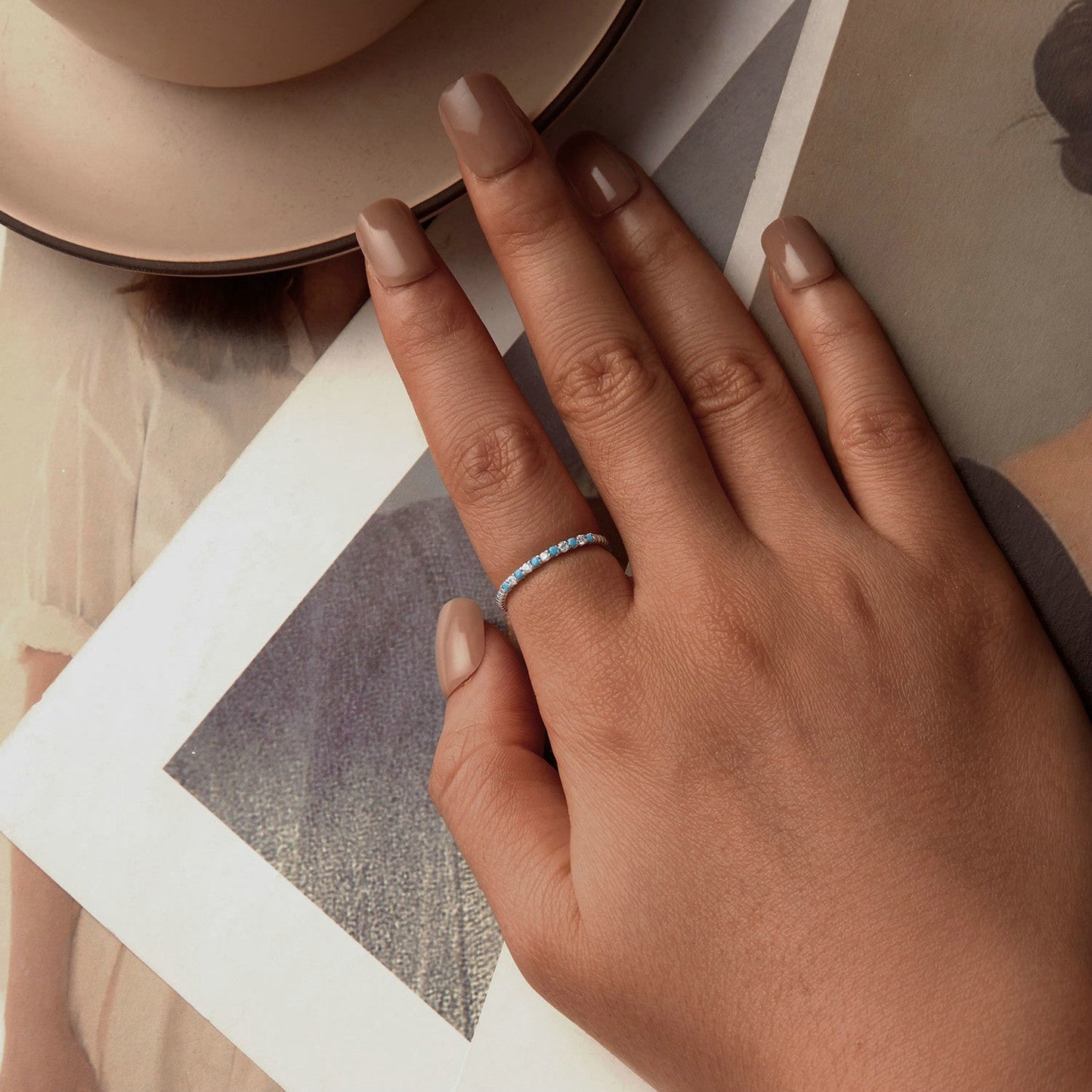 925 Sterling Silver White Gold Plated Turquoise Ring Size 6.0 for Women