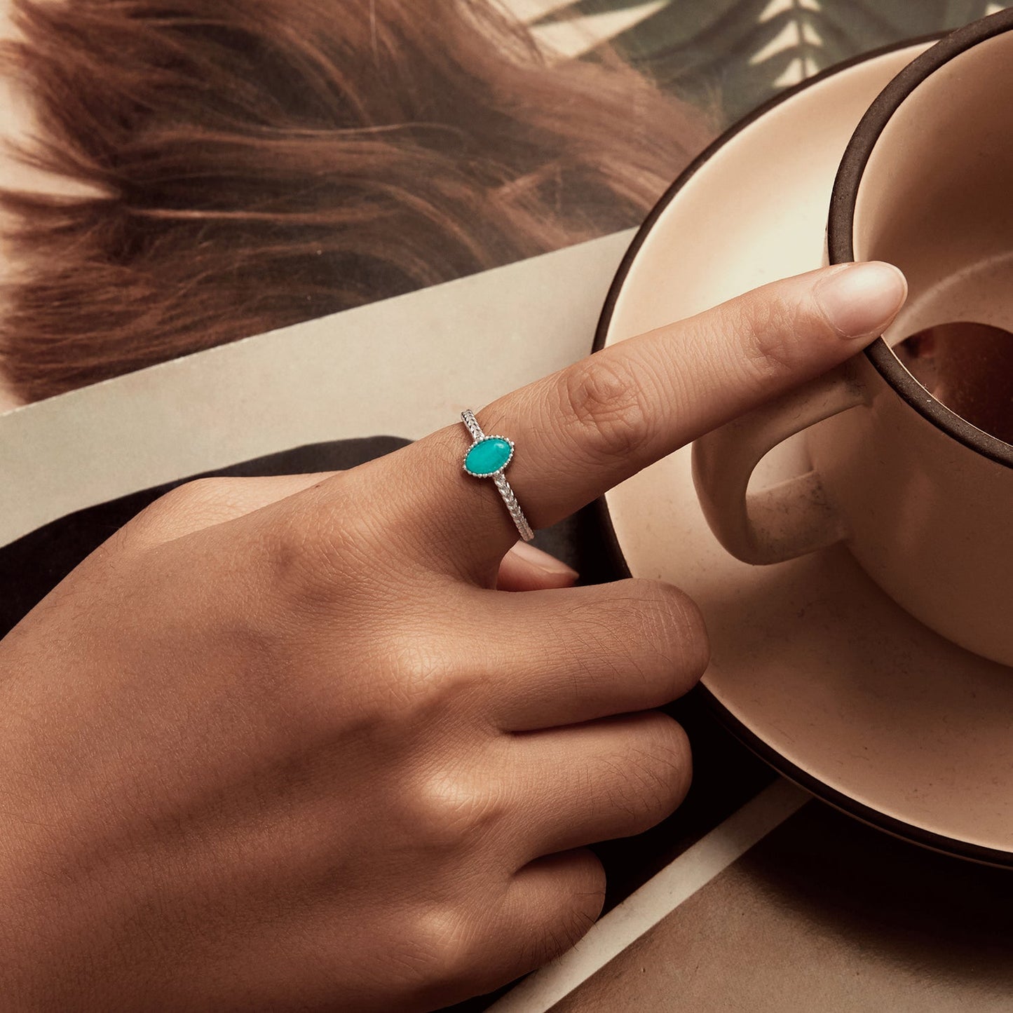925 Sterling Silver & White Gold Plated Amazonite Ring Size 6 for Women