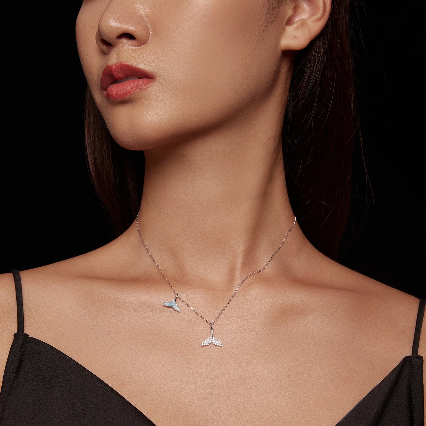 925 Sterling Silver Necklace with CZ & Enamel - 40+5cm Length, Fishtail Design for Women