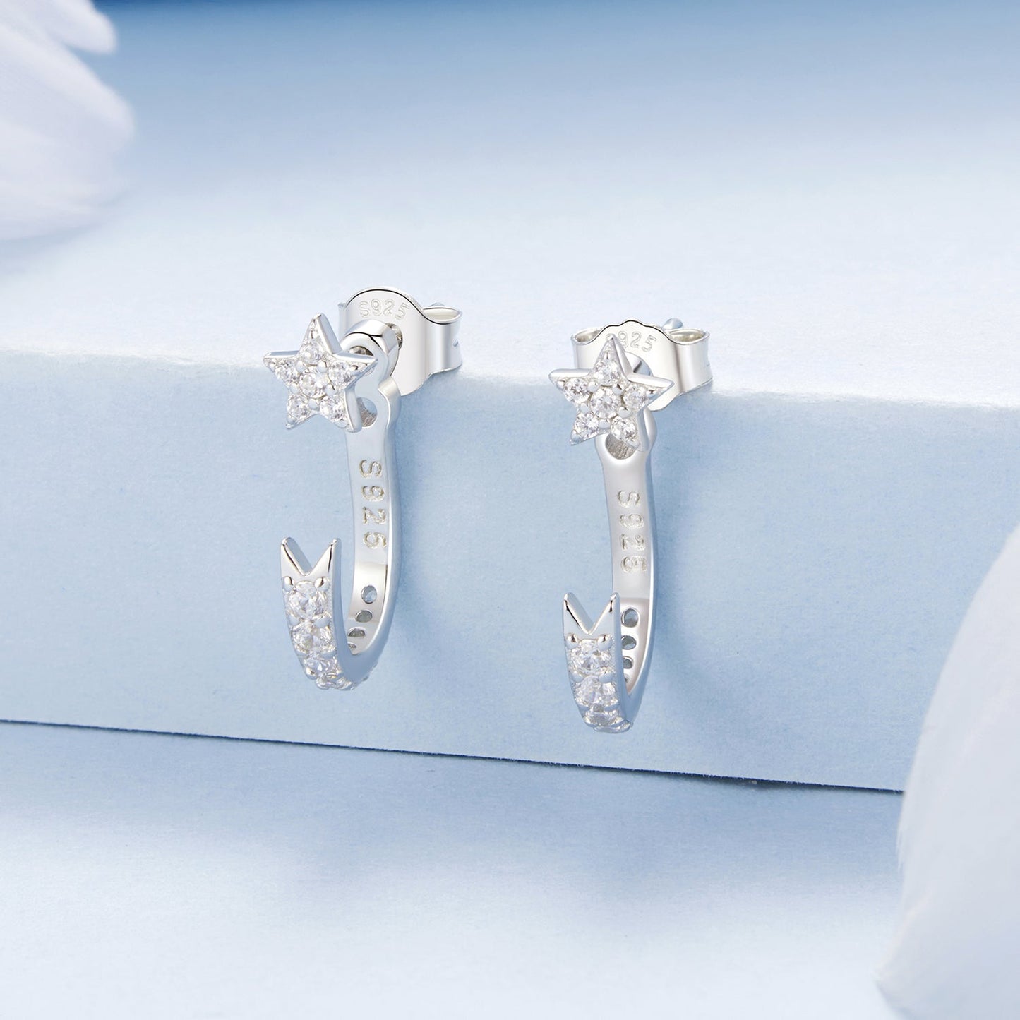 925 Sterling Silver CZ Earrings with White Gold Plating, 1.4x0.5cm for Women