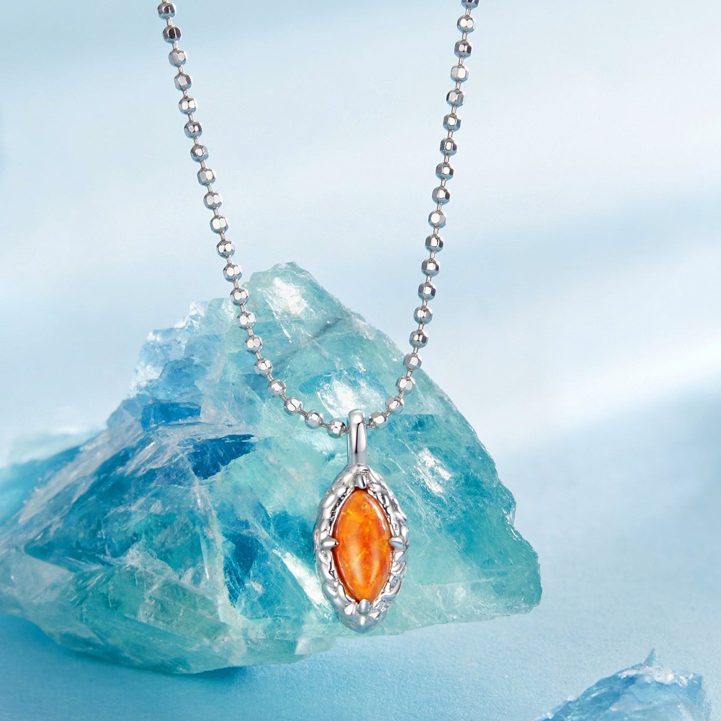 925 Sterling Silver Necklace with Synthetic Opal Pendant, 45cm, Plated White Gold for Women