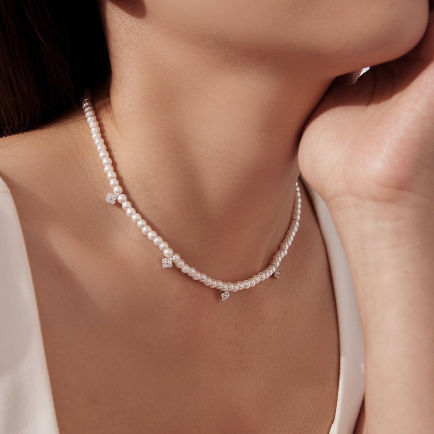 925 Sterling Silver Necklace with Pavé Setting CZ & Synthetic Pearl for Women