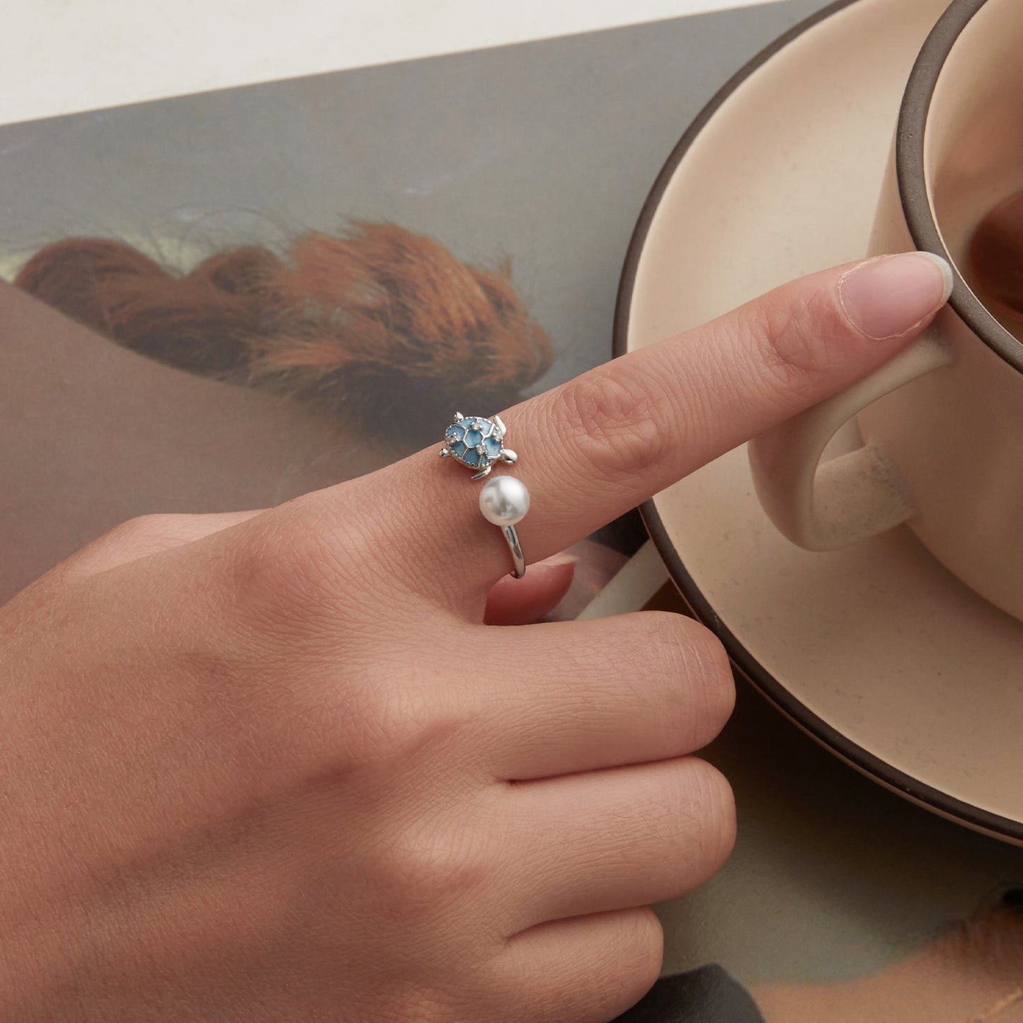 925 Sterling Silver Turtle Ring with Quality Shell Pearl & CZ - Size: nan