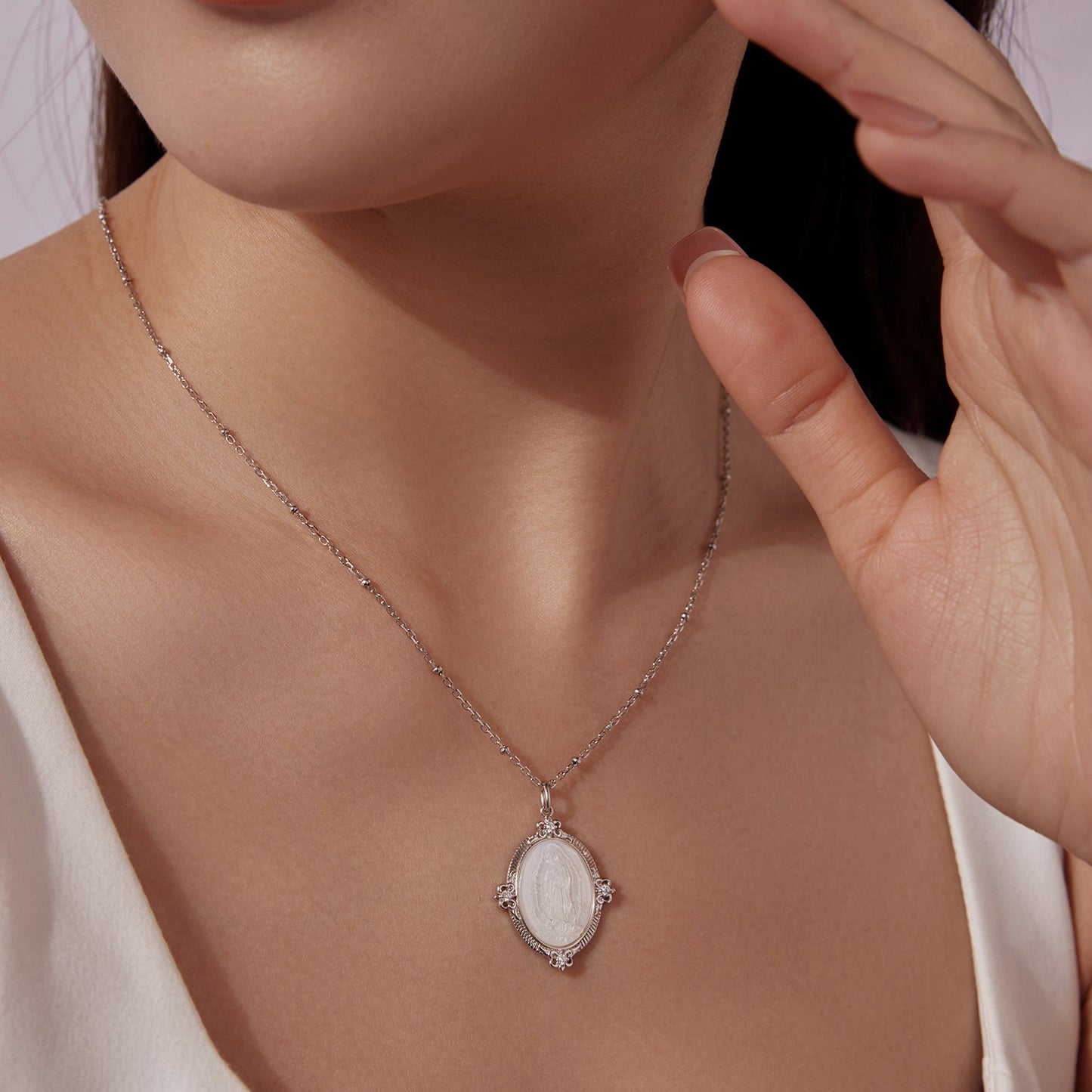 925 Sterling Silver Necklace with White Gold Plating, 40+5cm Length, CZ & Mother of Pearl Pendant for Women