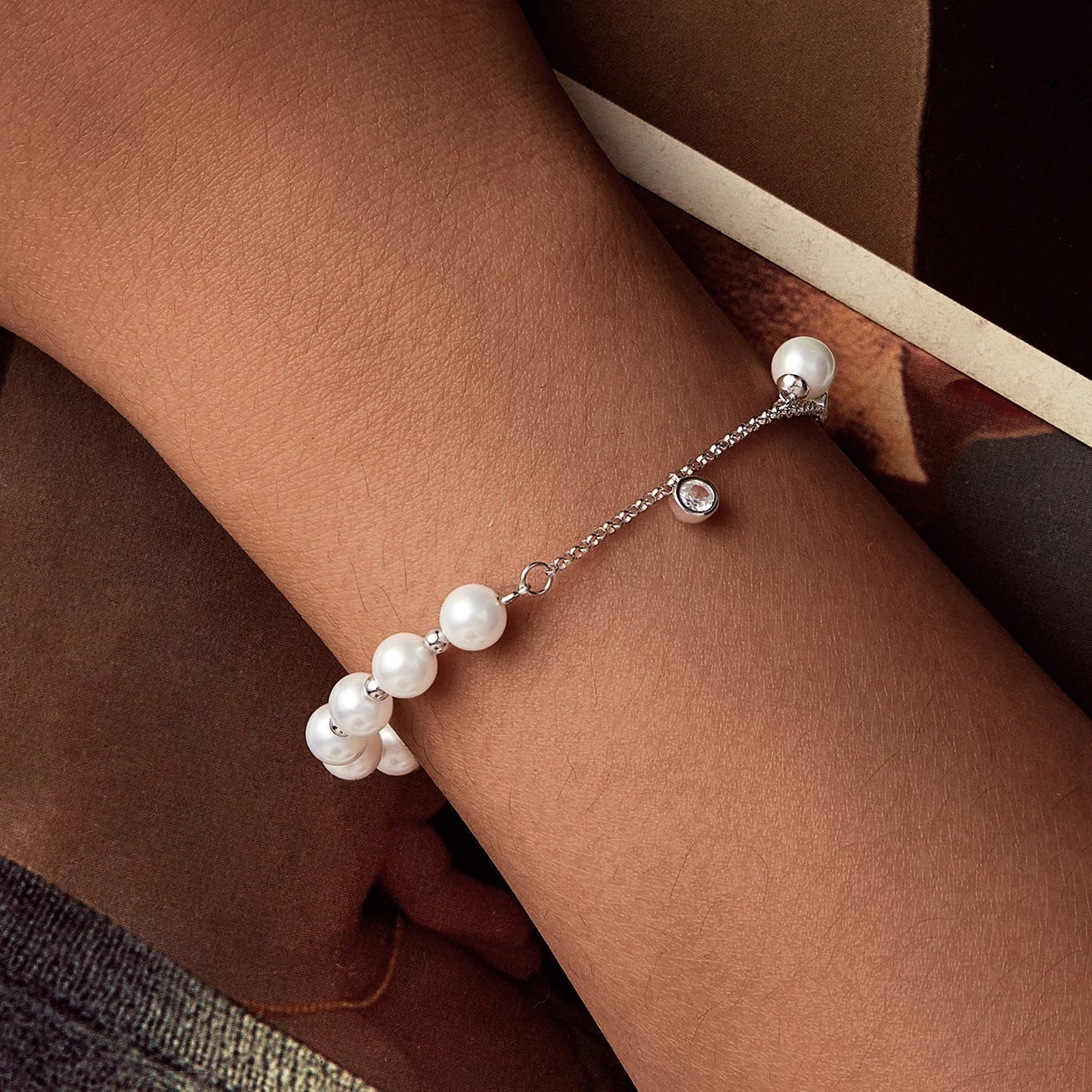 925 Sterling Silver 15+6cm White Gold Plated Bracelet with Quality Shell Pearl & CZ for Women