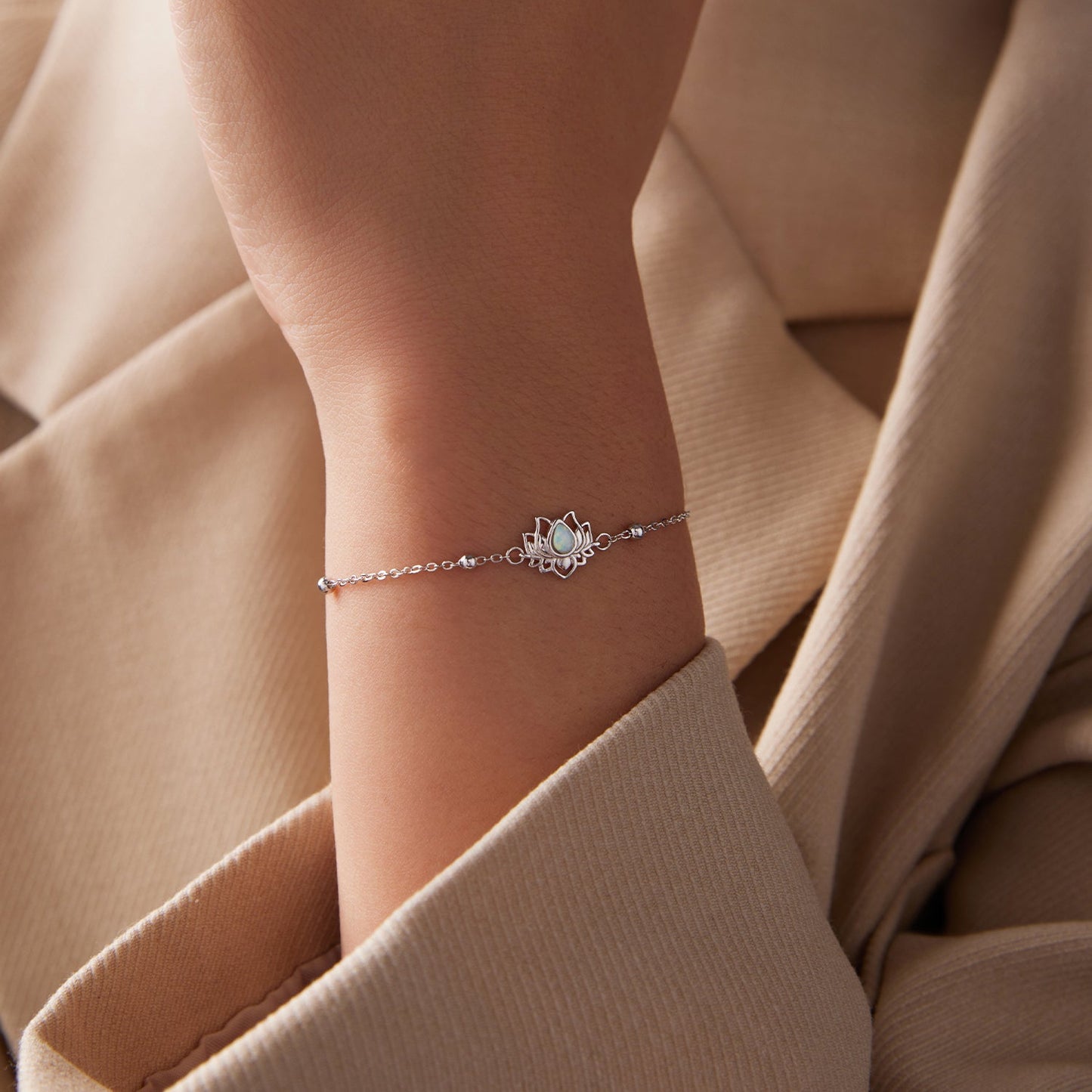 925 Sterling Silver White Gold Plated Bracelet with Synthetic Opal - Length 15+6cm for Women