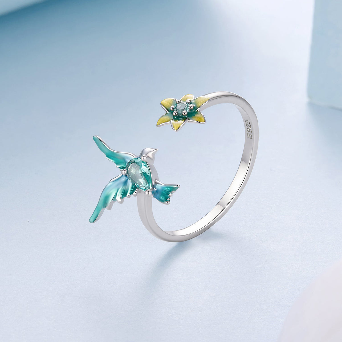 925 Sterling Silver White Gold Plated Enamel Transparent Glass Bird Ring for Women