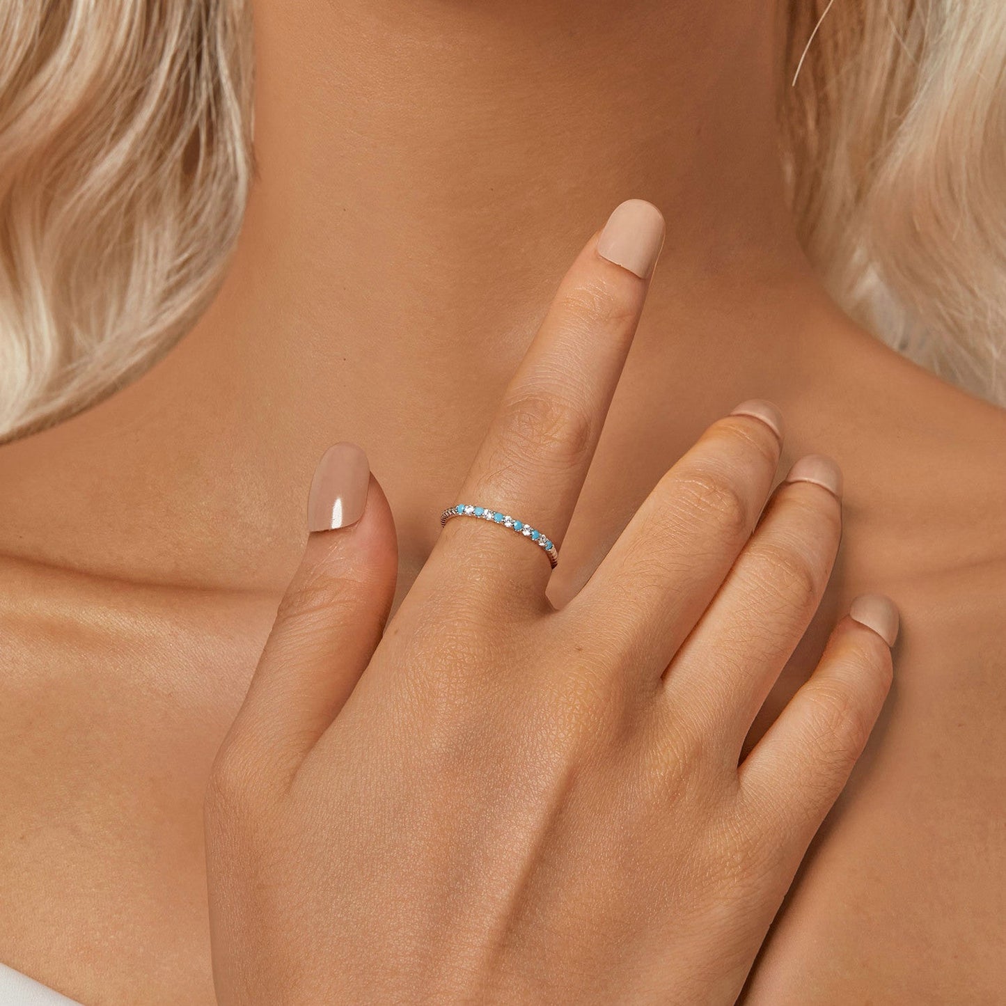 925 Sterling Silver White Gold Plated Turquoise Ring Size 6.0 for Women