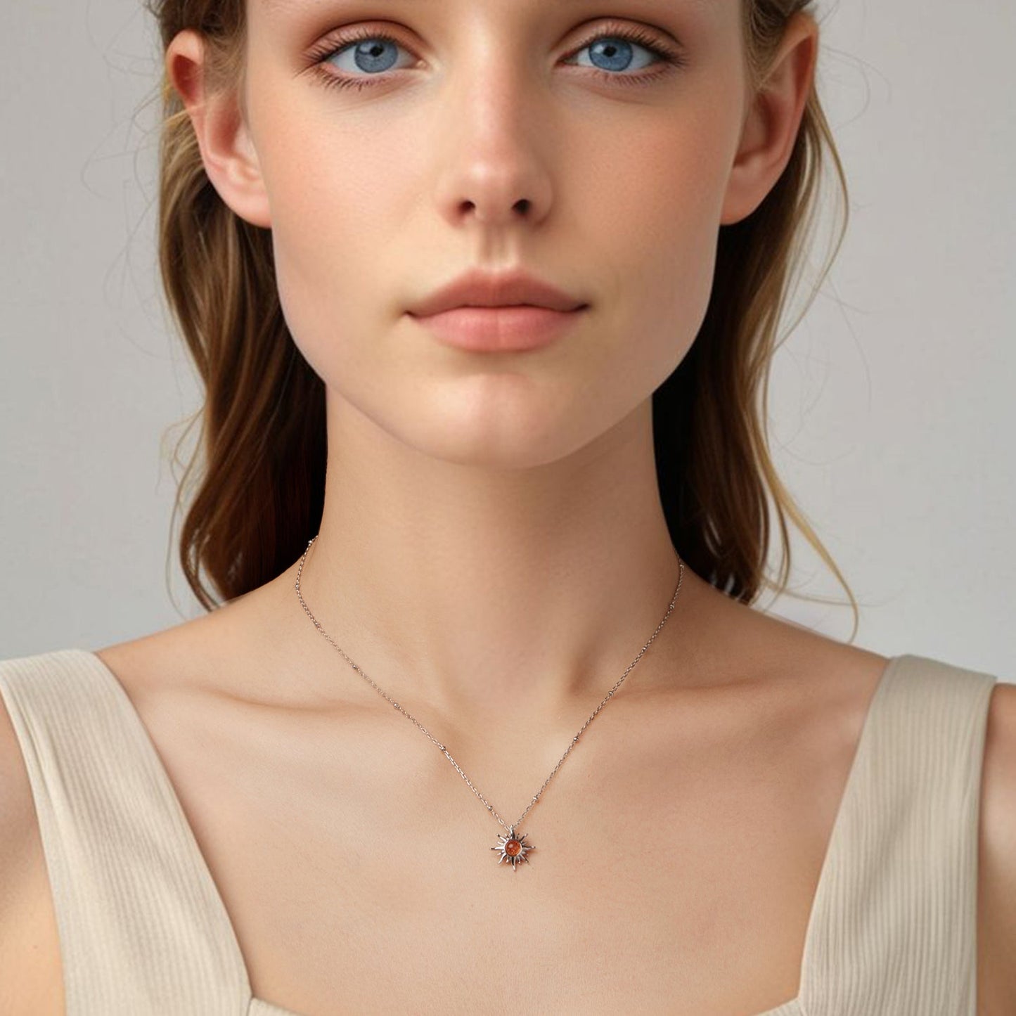 925 Sterling Silver Necklace with Natural Golden Sunstone, 40+5cm, Plated White Gold for Women