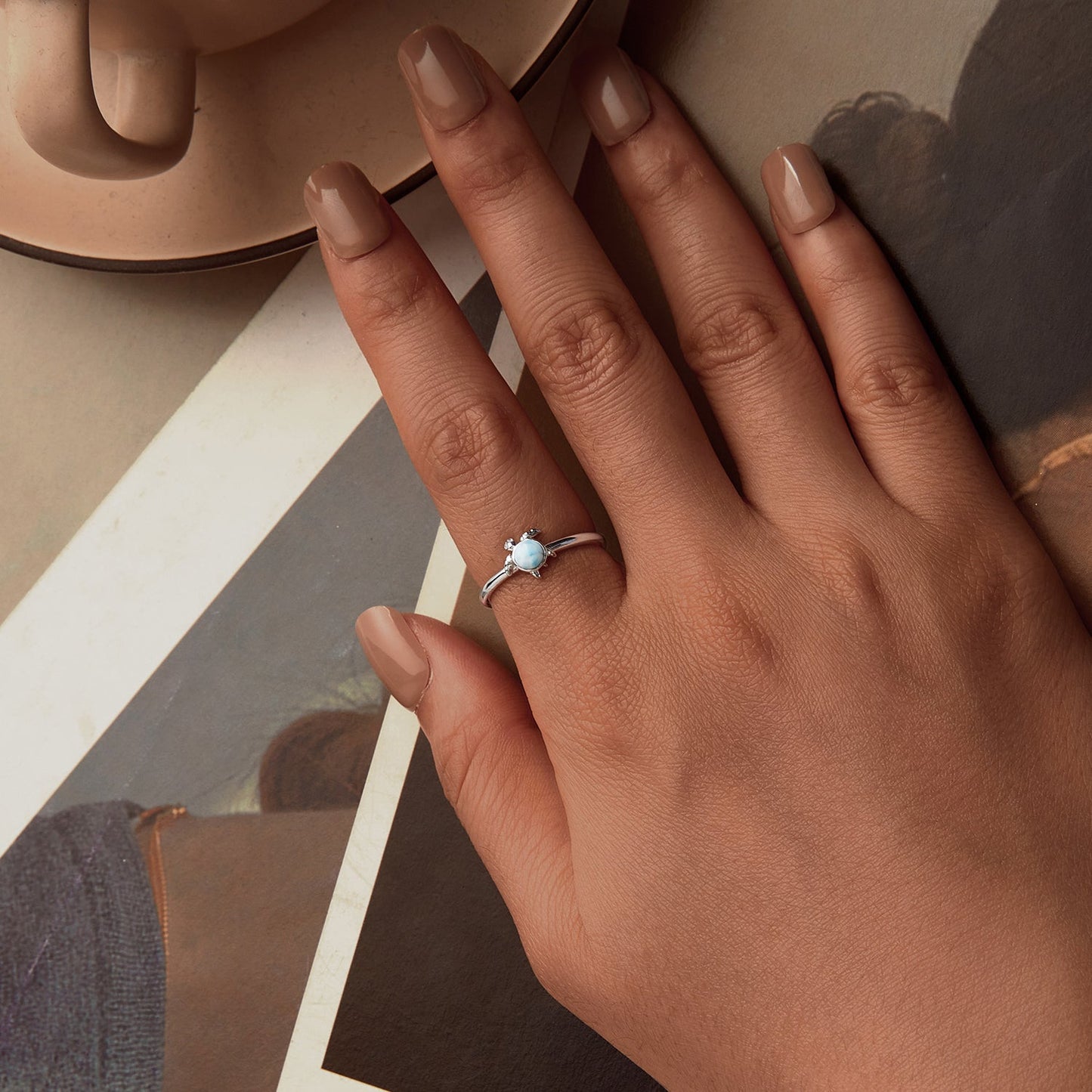 925 Sterling Silver + Plated White Gold Larimar Ring - Style E - 1.6mm Width