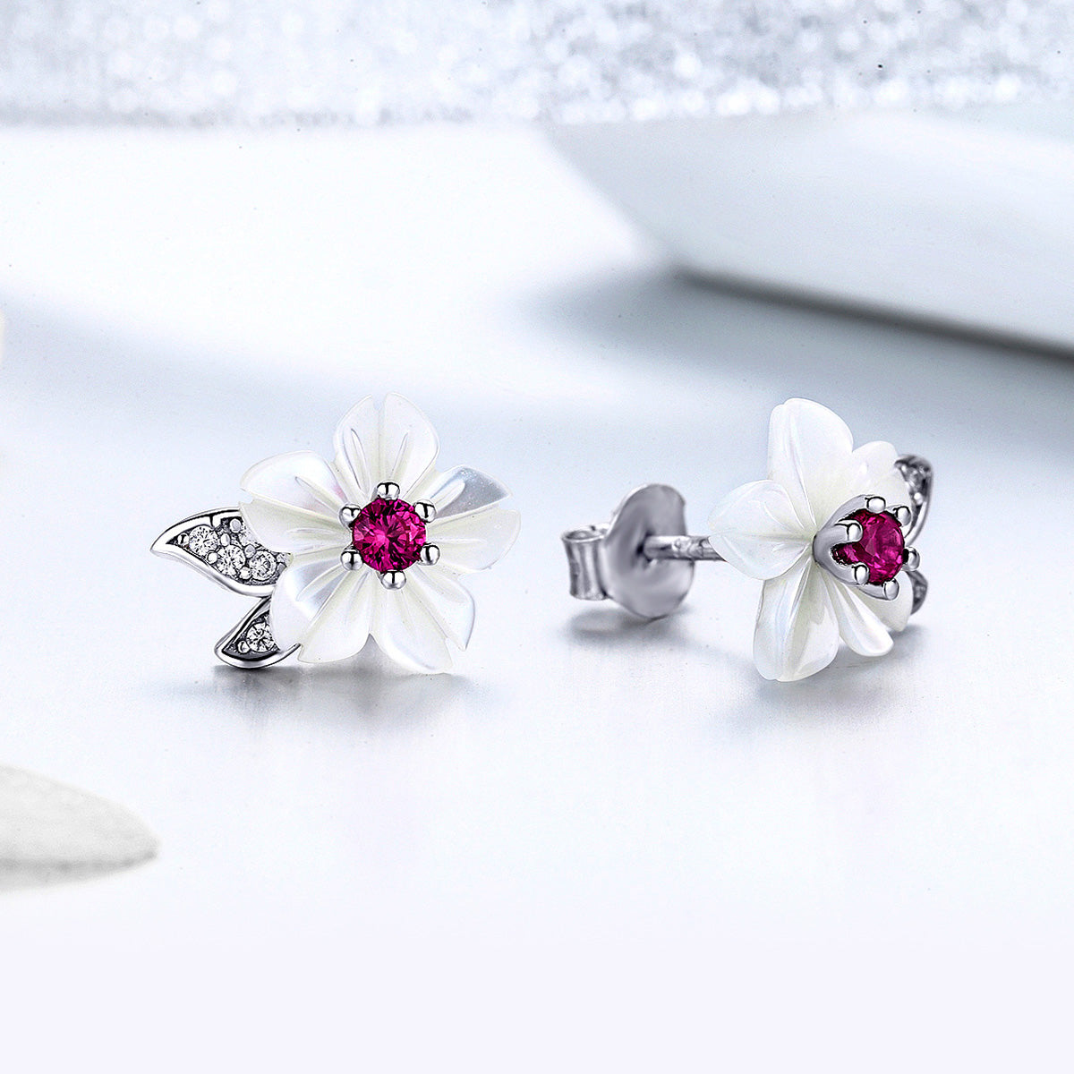 925 Sterling Silver Earrings with Pavé Setting CZ and High-Quality Nacre
