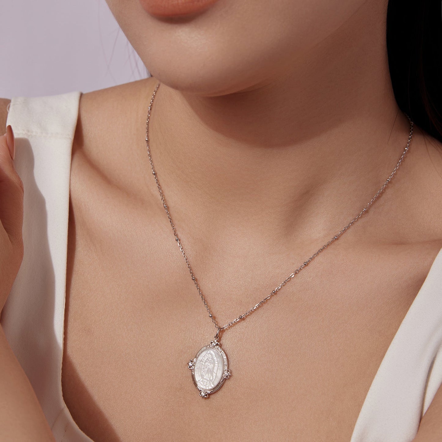 925 Sterling Silver Necklace with White Gold Plating, 40+5cm Length, CZ & Mother of Pearl Pendant for Women