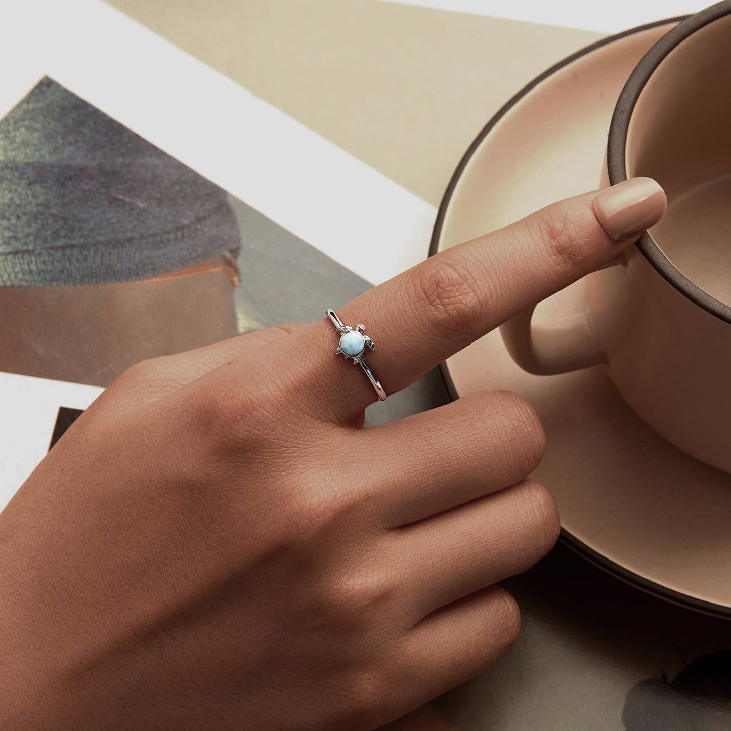 925 Sterling Silver + Plated White Gold Larimar Ring - Style E - 1.6mm Width