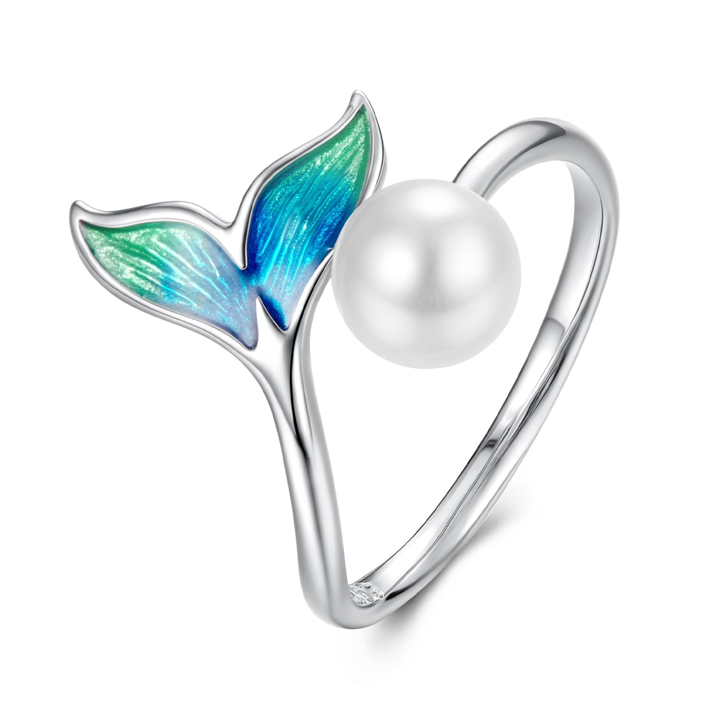 925 Sterling Silver Enamel White Gold Plated Fishtail Ring with Quality Shell Pearl for Women
