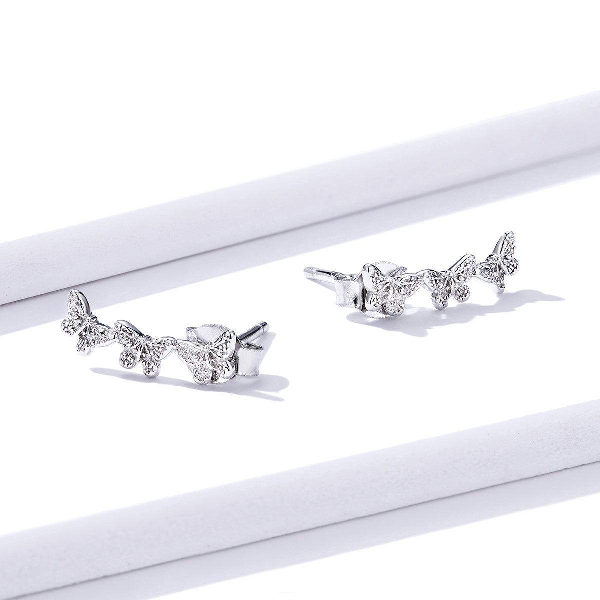925 Sterling Silver Earrings - 1.4x0.5 cm - Platinum Plated for Women