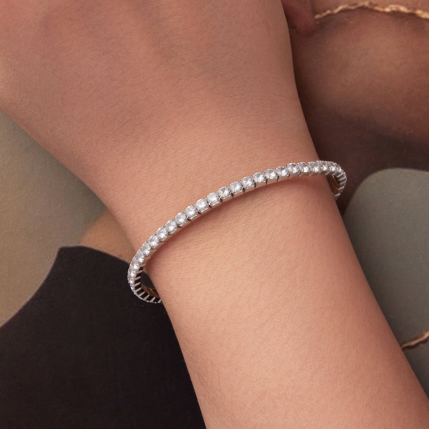 925 Sterling Silver White Gold Plated 16cm Stretchable CZ Bracelet for Women