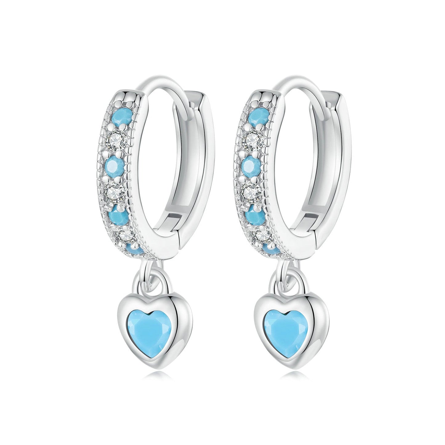 925 Sterling Silver Earrings with Synthetic Turquoise and CZ - White Gold Plated
