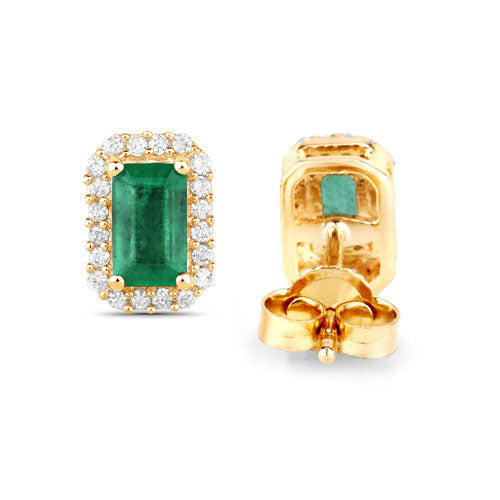 0.91 Carat Genuine Zambian Emerald and White Diamond 14K Yellow Gold Earrings