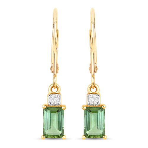 1.28 Carat Genuine Green Tourmaline and White Diamond 14K Yellow Gold Earrings