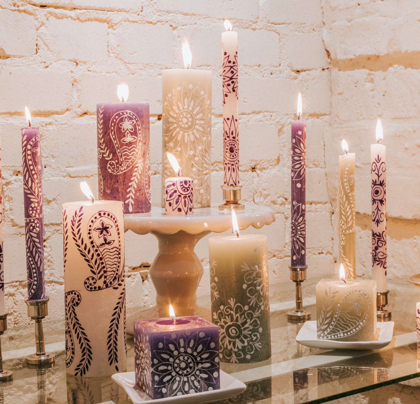 Henna White on Blue Painted Candles