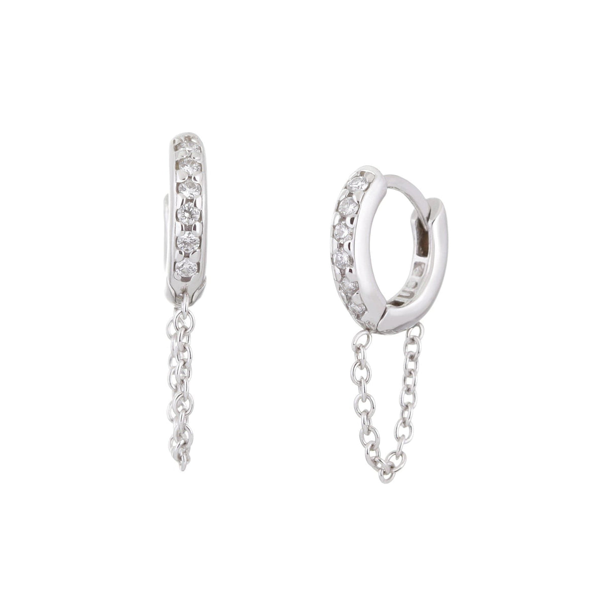 12.5mm Diamond And White 14K Gold Huggies With Chain