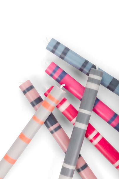 Striped Dinner Candles in Neyron Pink and Midnight Blue