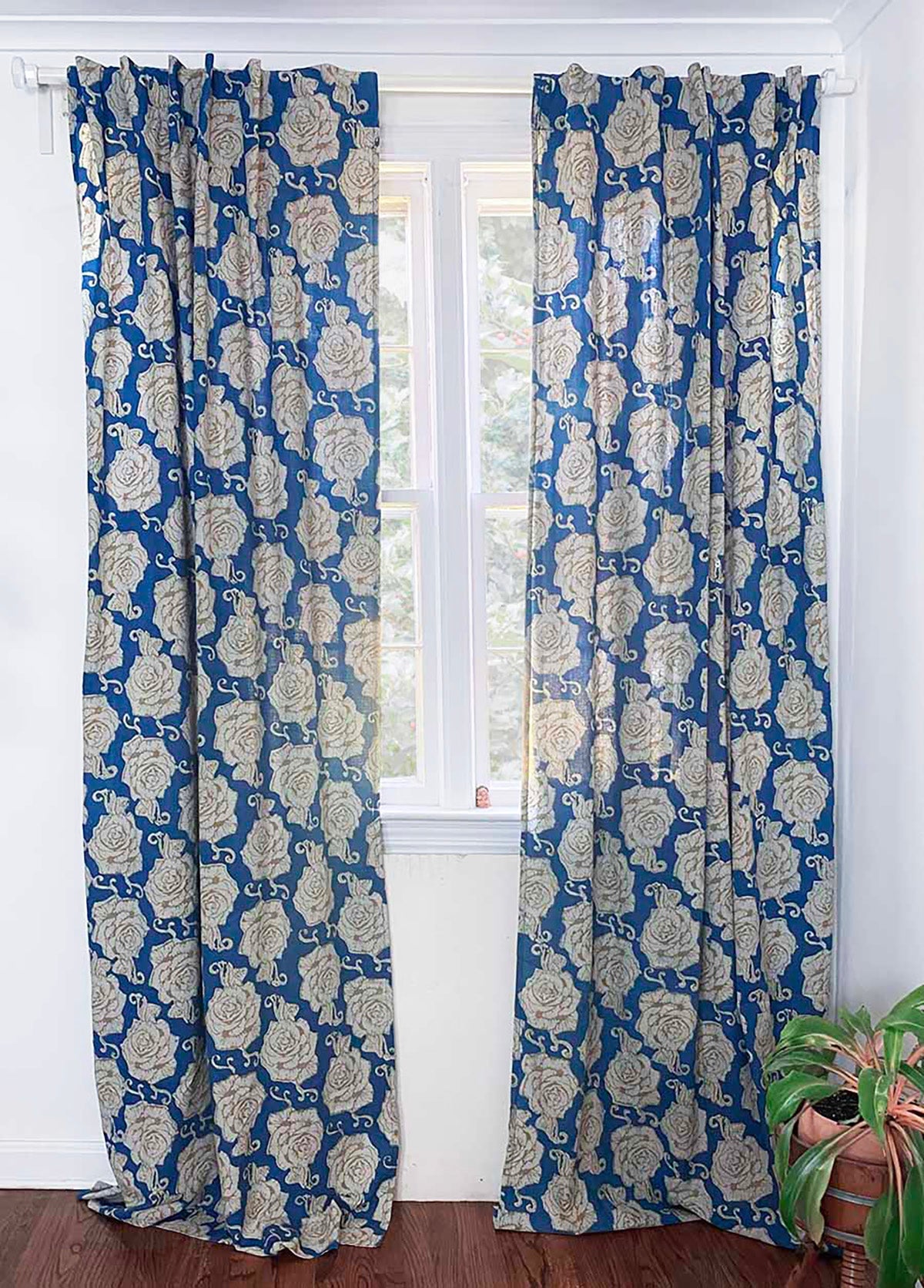 Floral Block Print Curtain, Boho Window Panel - Rose Gold