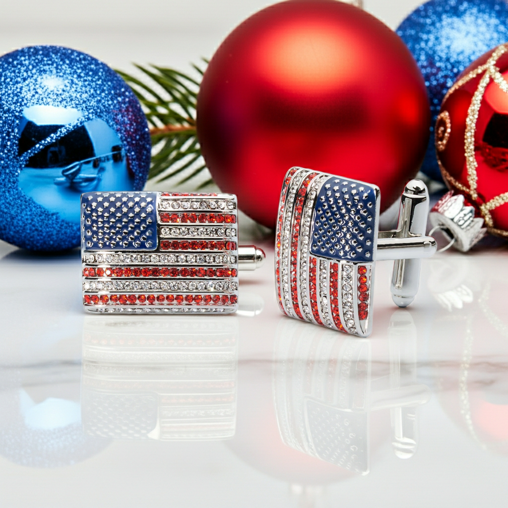 Stars & Stripes Crystal Cufflinks – American Flag Enamel & Crystal Accents