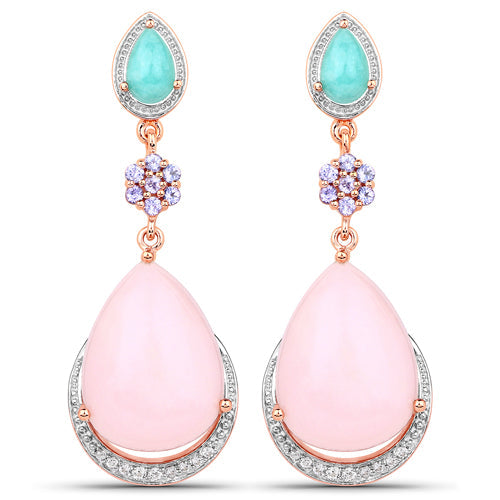 18K Rose Gold Plated 31.93 Carat Genuine Multi Stones .925 Sterling Silver Earrings