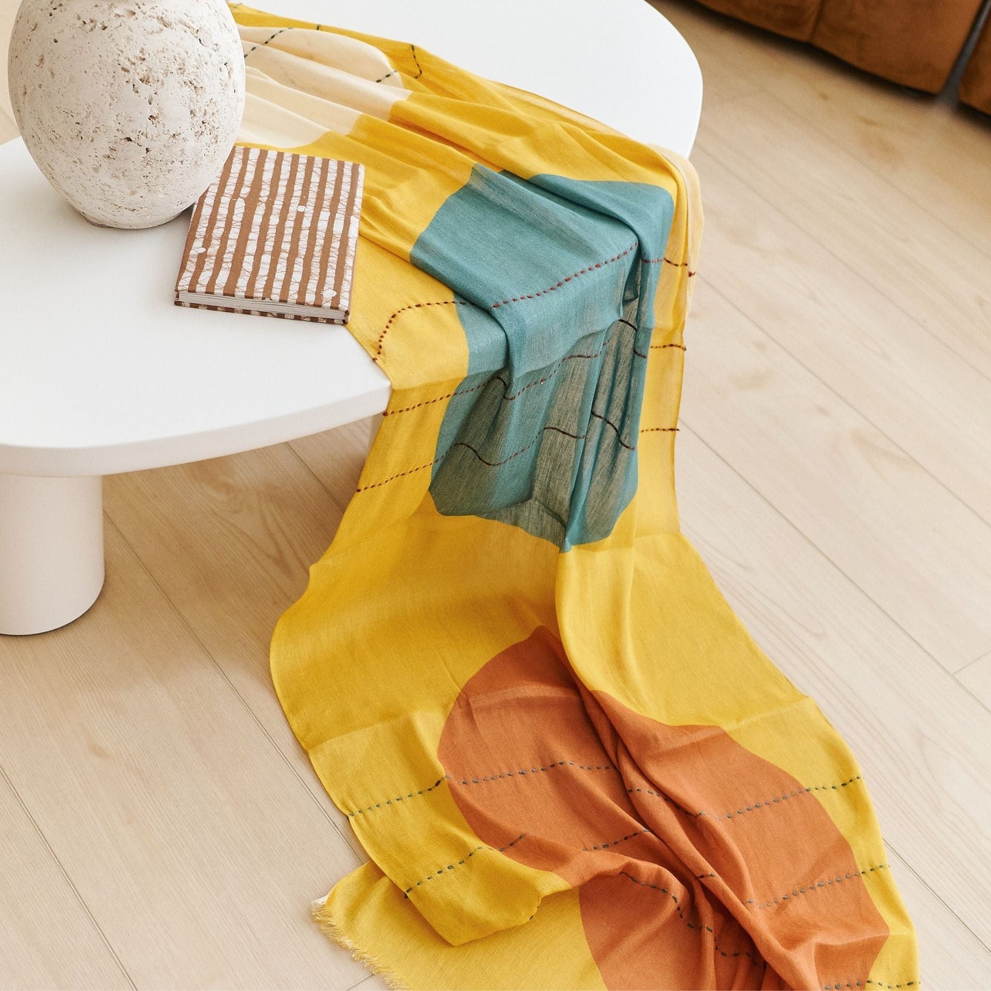 Cirq Sun Yellow Green Circle Pattern Hand Embroidered  Linen Silk Handloom Scarf