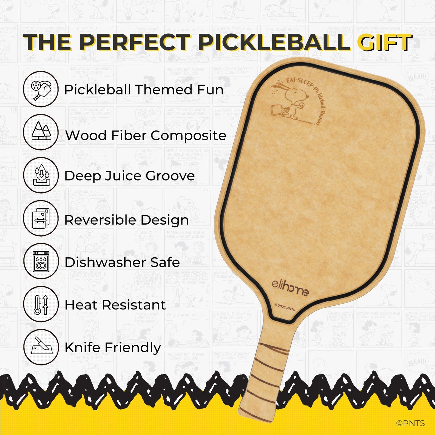 Elihome x Peanuts Pickleball Charcuterie Cutting Board -"Eat Sleep Pickleball Repeat"