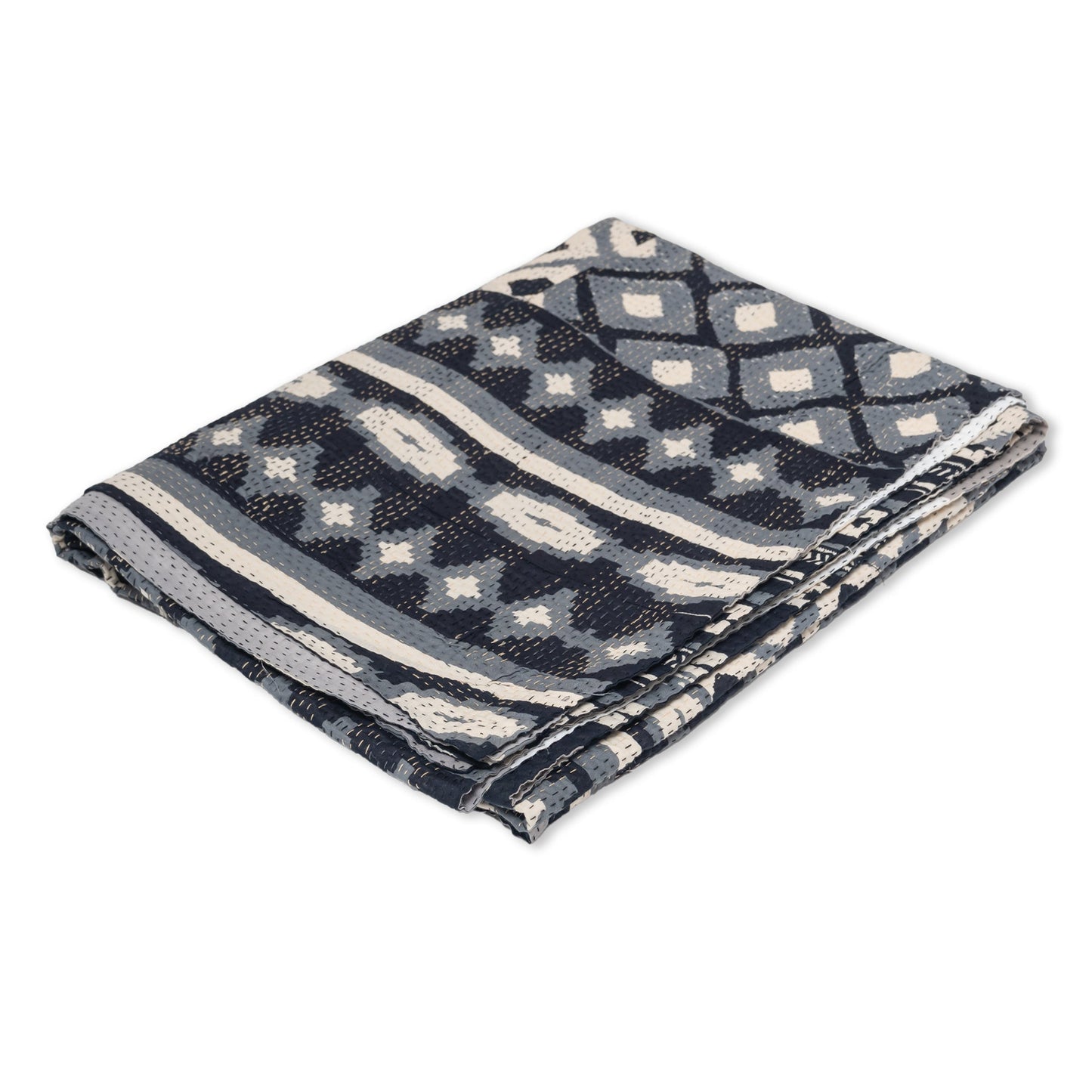Monotone Ikat  Vintage Kantha Throw - Monotone Black