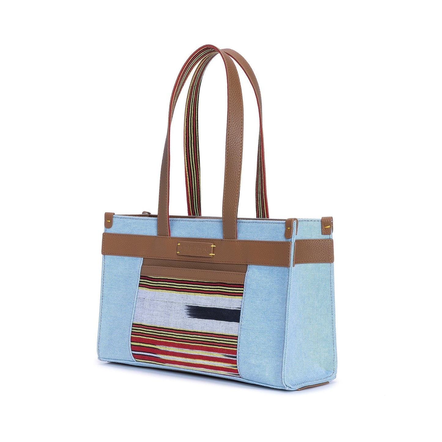 Midi Tobacco Leather & Denim Canvas Tote Bag with Pockets