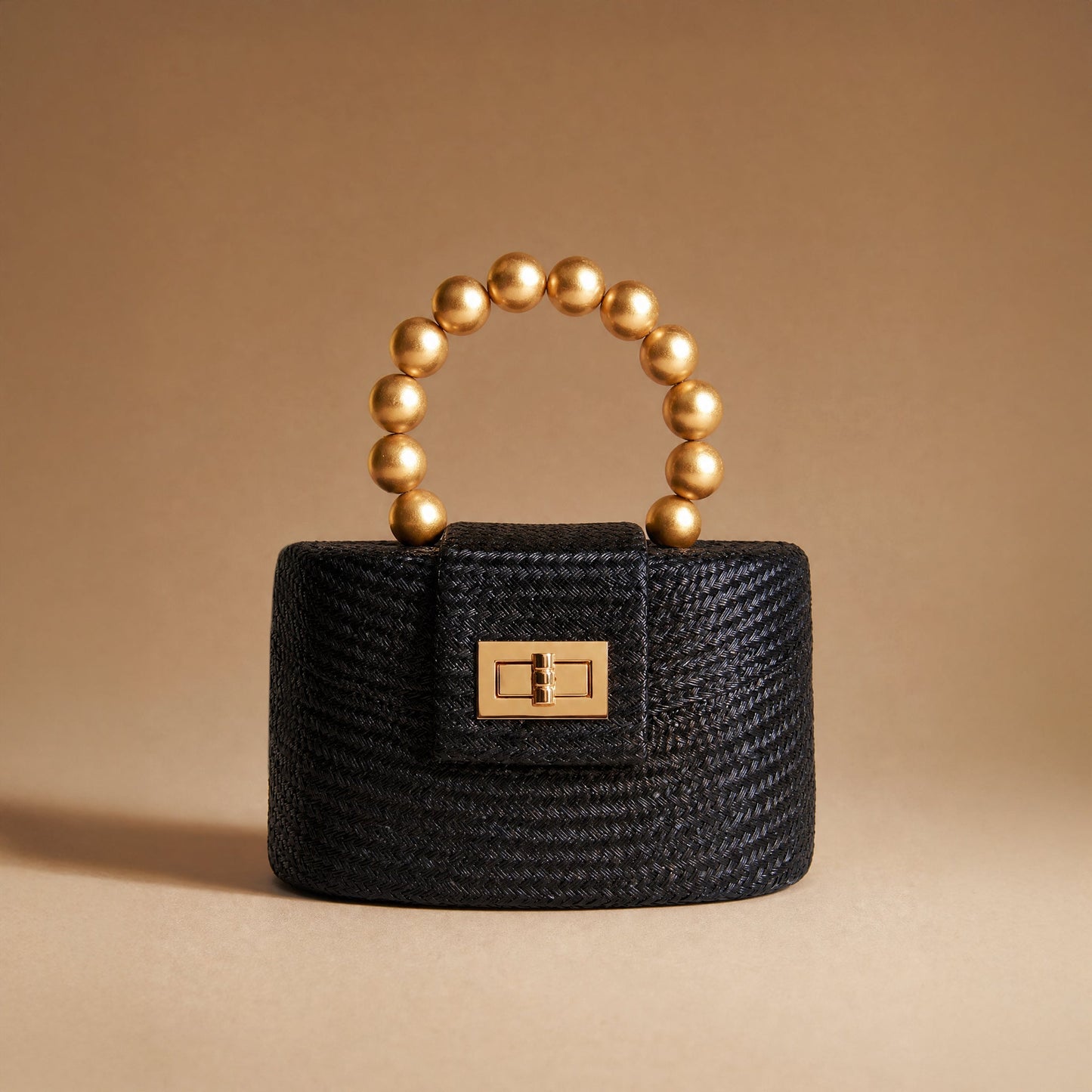 THE OLIVIA — Black & Gold Woven Straw Top-Handle Bag with Beaded Handle