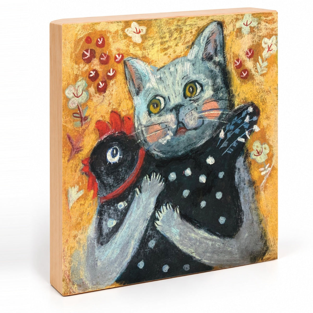 Echoes of Innocence: Cat Hugging a Chicken, Whimsical Pastel Art Print on Board