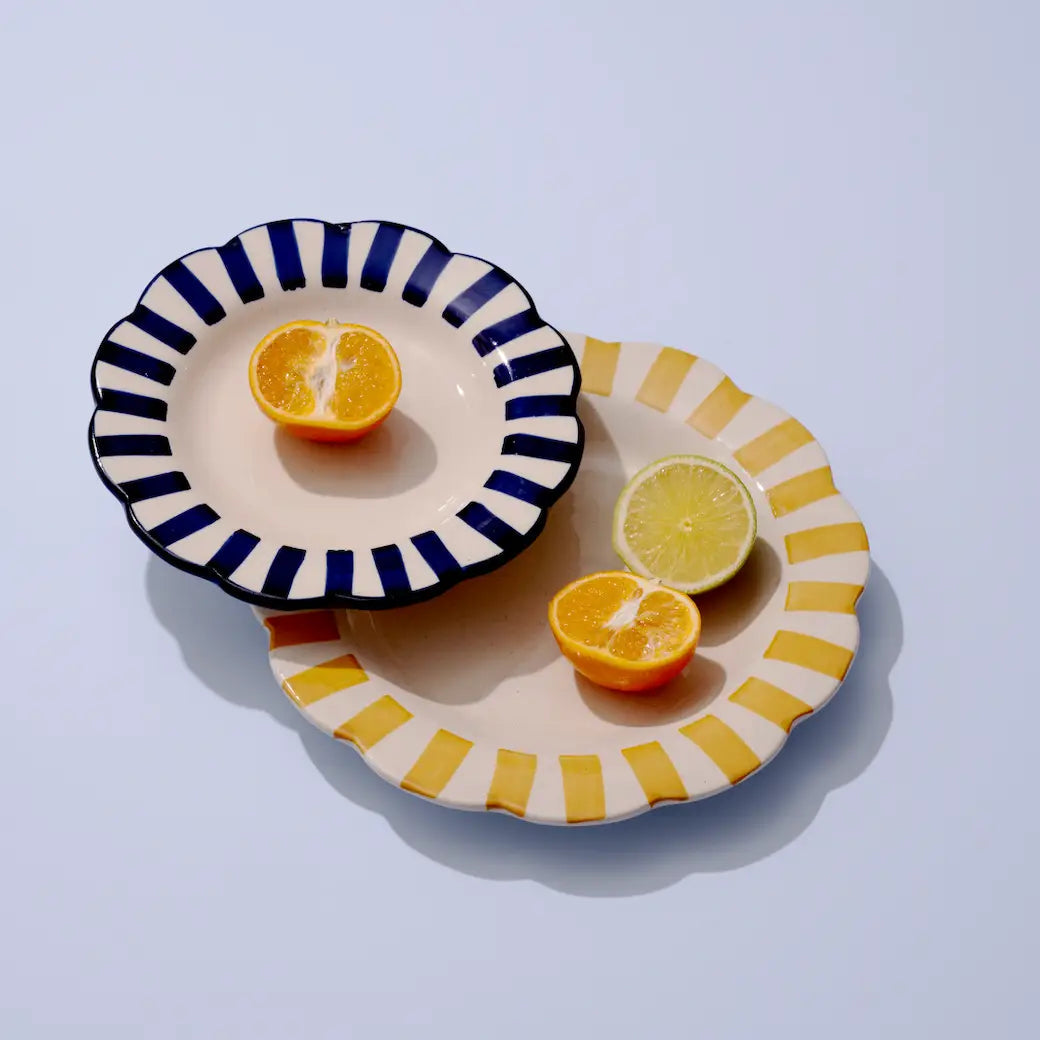 Ceramic Stripe Dinner Plate, Yellow - 10 x 10 x 1.25 Inches ( Set of 4 )