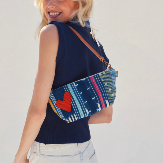 Large Convertible Pouch - Baule Cloth with Red Beaded Heart