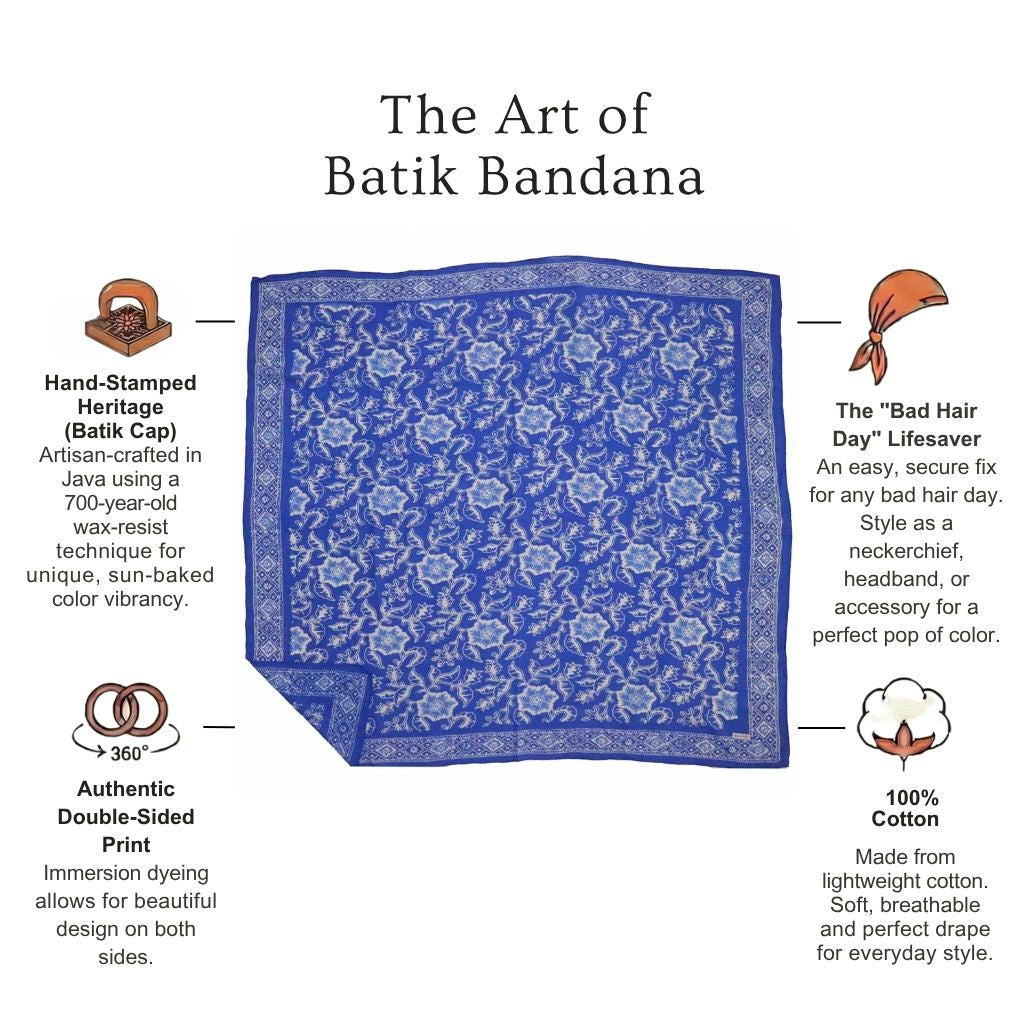 Large 39" Hand Dyed Batik Bandana, Blue Tendril, 100% Cotton