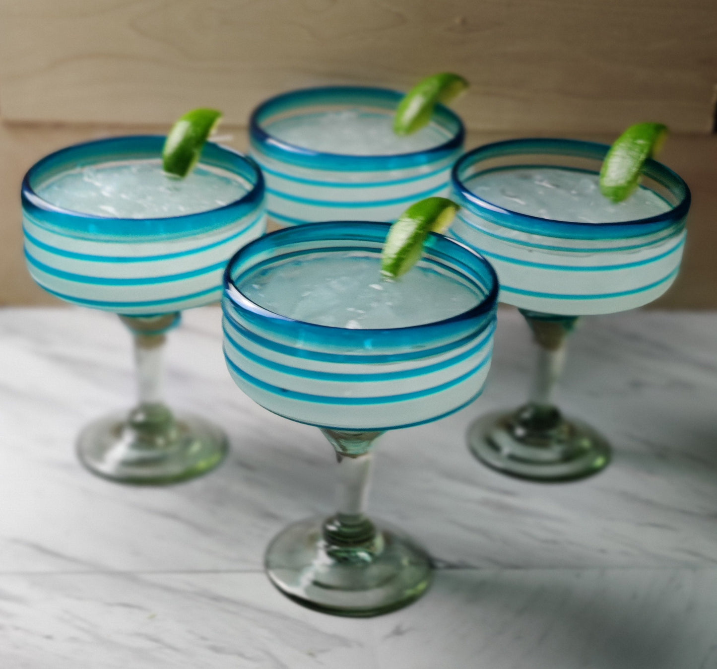 Set of 4 Hand Blown Margarita Glasses with Aqua Spiral Design