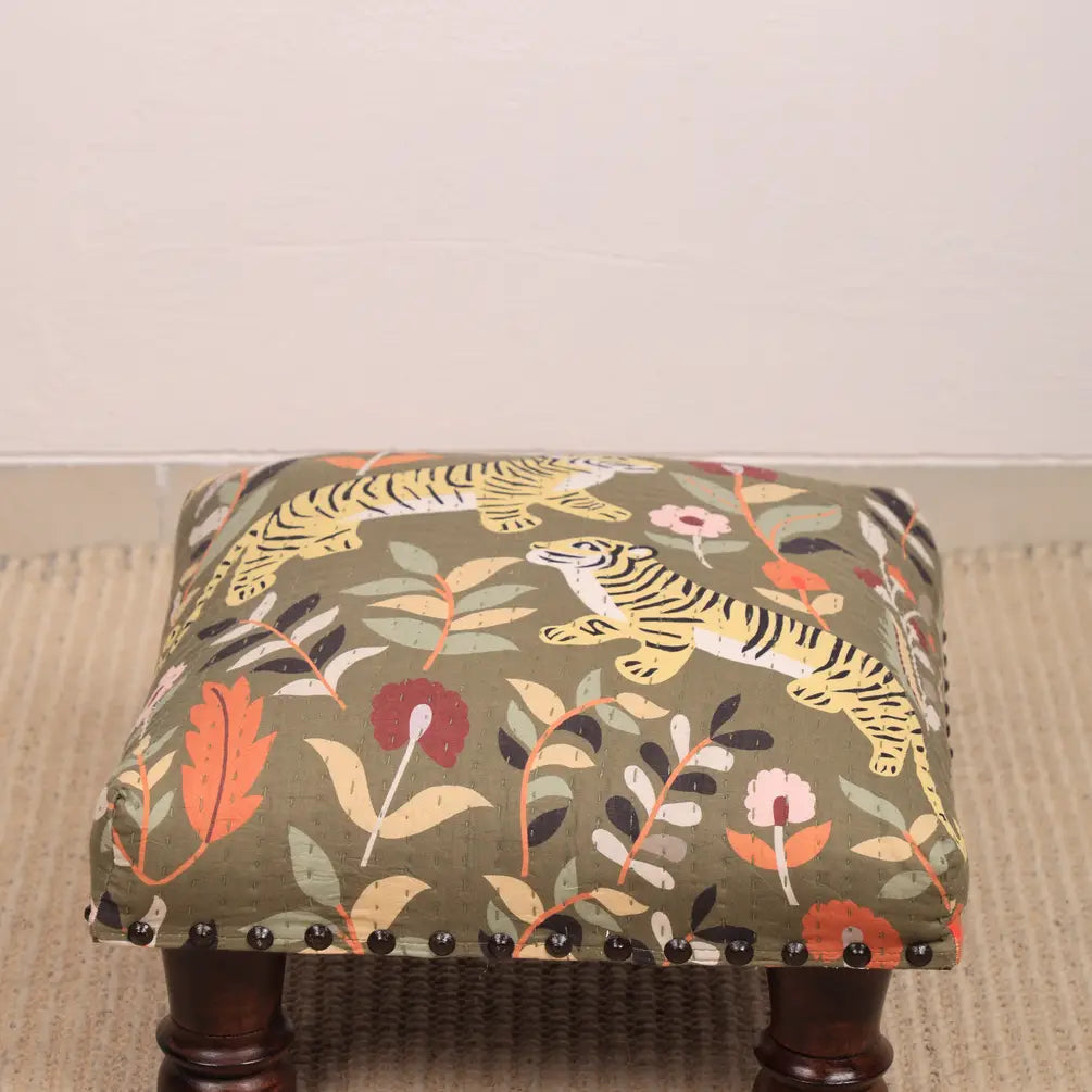 Botanical Tiger Foot Stool | Cotton Fabric | 16x16x9"