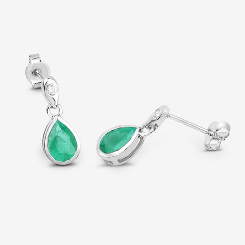 1.35 Carat Genuine Zambian Emerald and White Diamond 10K White Gold Earrings