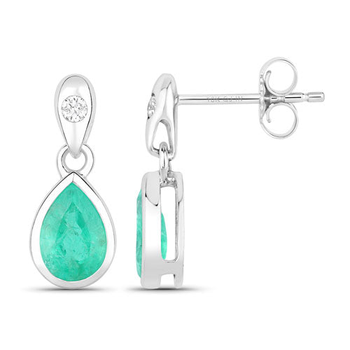 1.35 Carat Genuine Zambian Emerald and White Diamond 10K White Gold Earrings