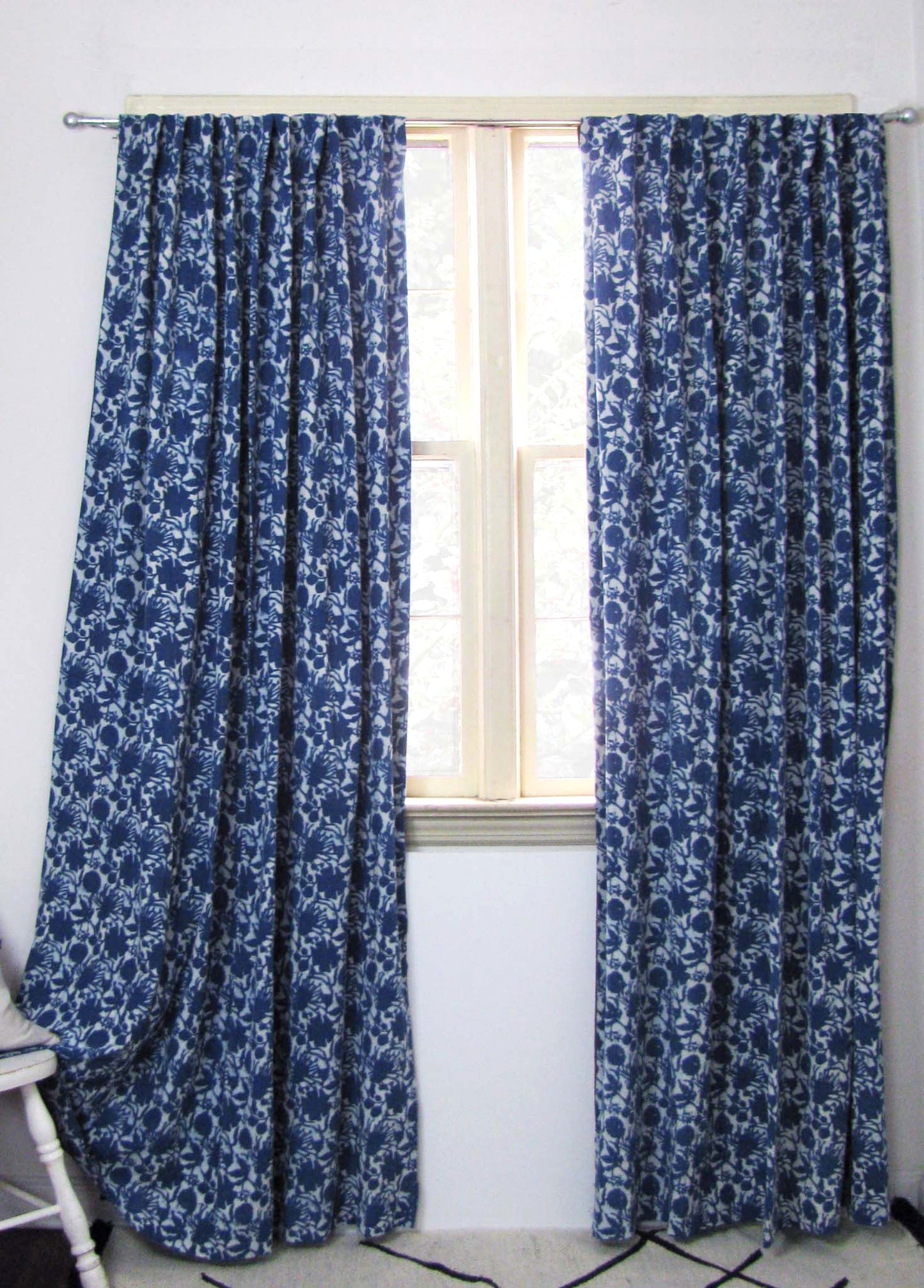 Boho Window Curtain - Blue Flowers Cotton Panel