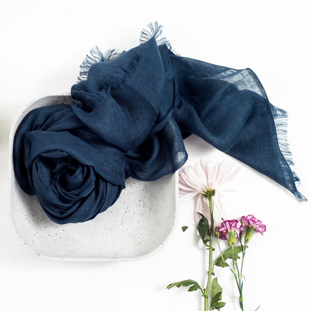 Midnight Navy Blue Hand Woven Linen Silk Blend Scarf