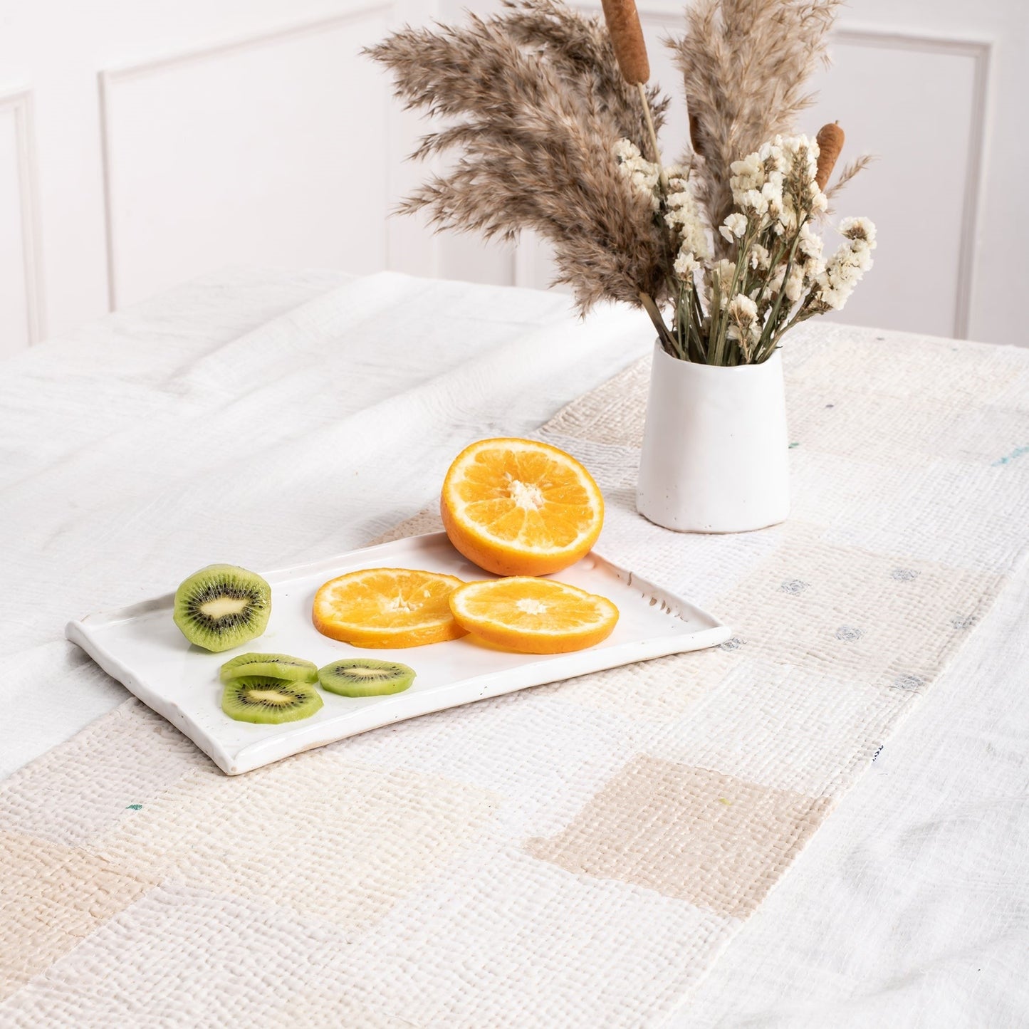 Mosaic Fray Patch  Kantha Table Runner - Cauliflower