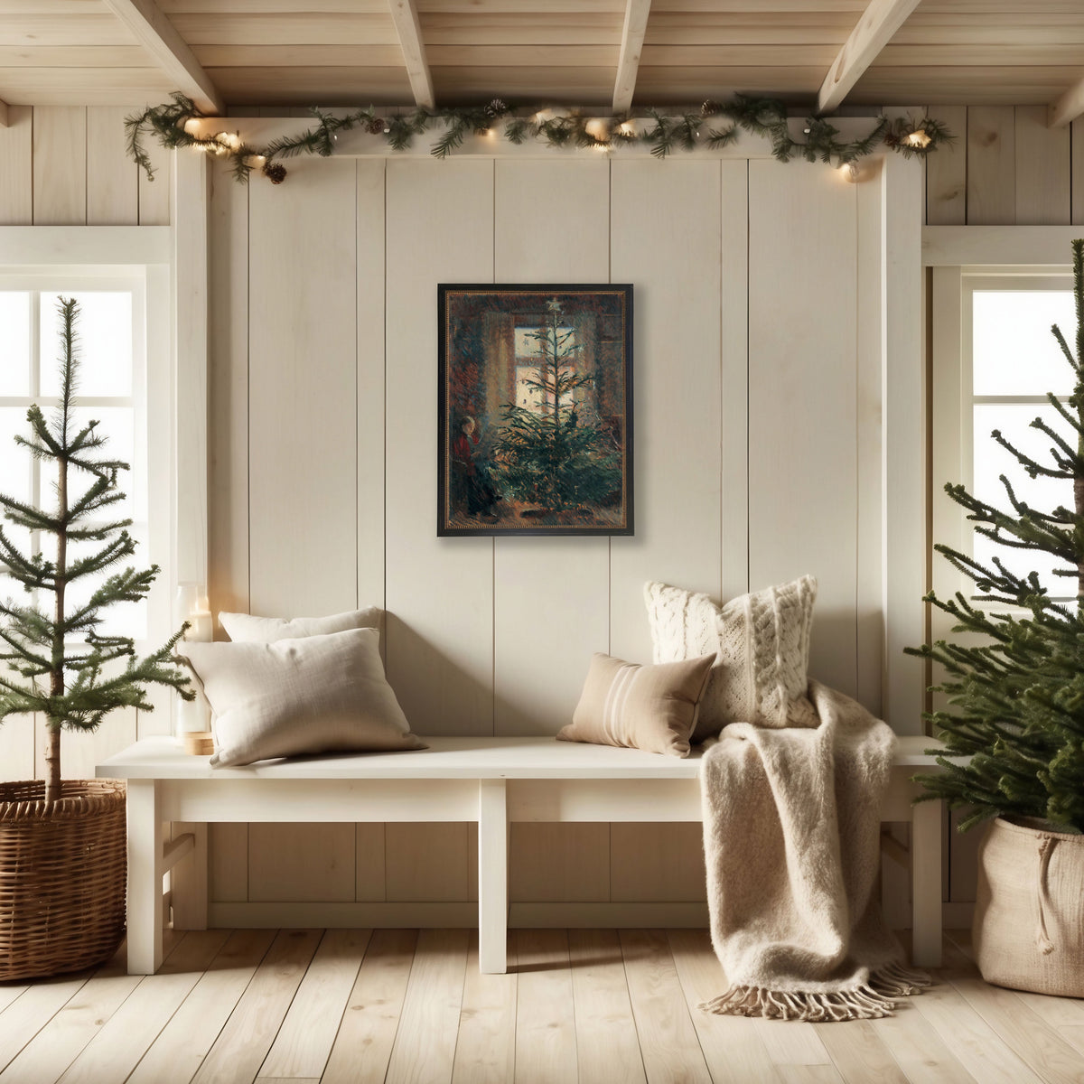 Christmas Tree Scene Reproduction Oil Painting with Beaded Frame