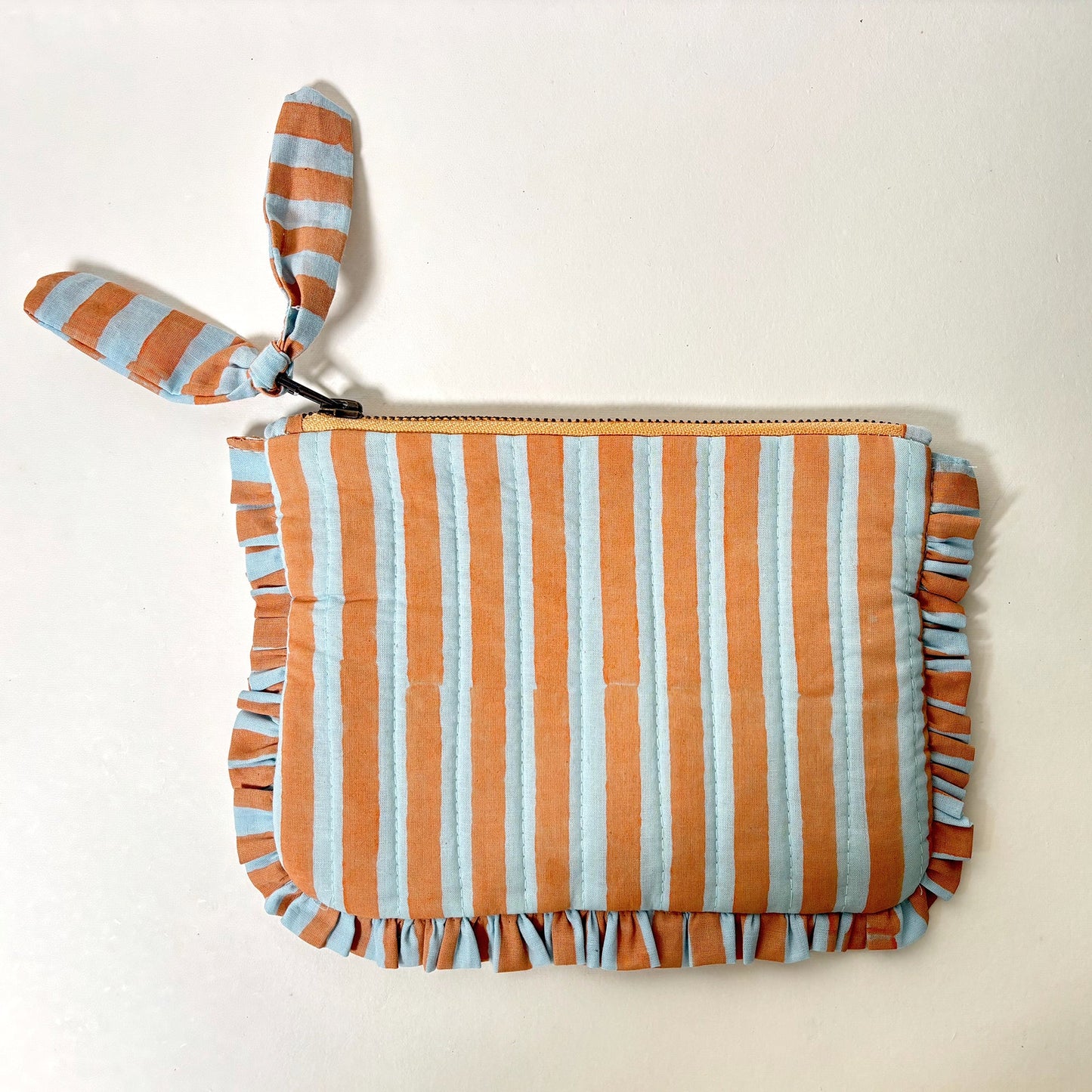 Quilted Cotton Travel Pouch with Ruffle Trim and Striped Design